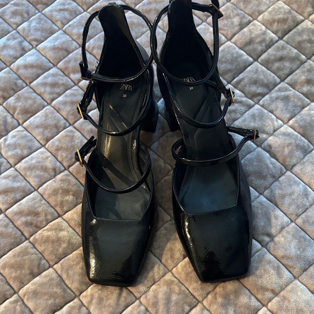 Zara Black Patent Strappy Heels